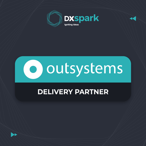 Institutional badge showing DXspark as an official OutSystems Delivery Partner, featuring the OutSystems logo on a dark background.