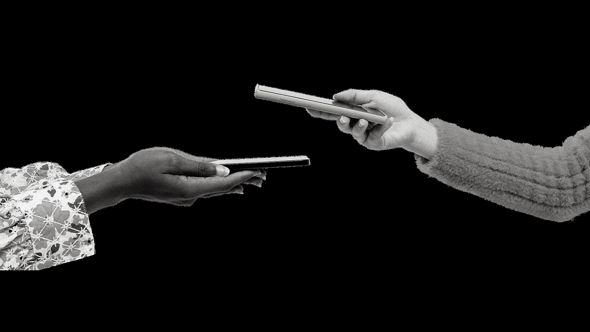 Two hands holding smartphones facing each other, symbolising a digital exchange or confirmation between users. Represents features like “Confirmation of Payee/Payer” and “SPIN” developed by DXspark for a financial institution.