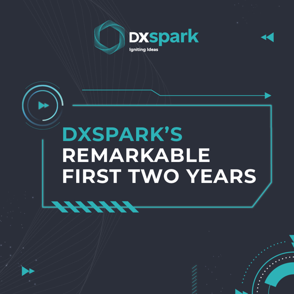 Banner da DXspark com a frase “Os notáveis primeiros dois anos da DXspark”, em destaque sobre fundo escuro com elementos gráficos em ciano, assinalando a celebração do percurso da empresa.