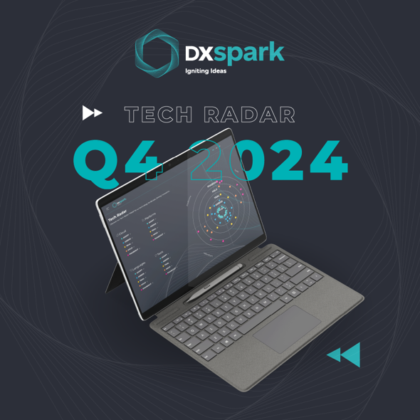 Promotional image for DXspark’s Tech Radar Q4 2024, featuring a laptop displaying an interactive radial chart, set against a dark background with dynamic lines.