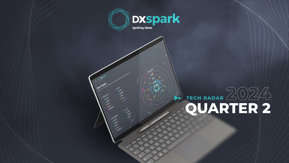 Promotional image for DXspark’s Tech Radar – Quarter 2 of 2024, featuring a laptop displaying an interactive radial chart, over a dark background with curved graphic lines.