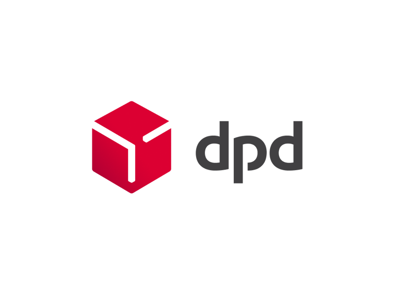 Logótipo DPD com cubo vermelho; DPD logo with red cube.