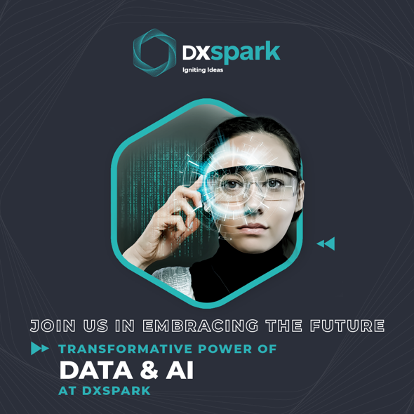 DXspark banner with the message “Join us in embracing the future – The transformative power of Data & AI at DXspark”, featuring a conceptual image of a woman wearing digital smart glasses, surrounded by high-tech graphical elements.