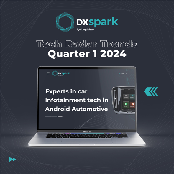 Banner do Tech Radar da DXspark para o 1.º trimestre de 2024, com um portátil a exibir o website da empresa com a mensagem “Experts in car infotainment tech in Android Automotive”, ilustrando o foco em tendências tecnológicas para o setor automóvel.
