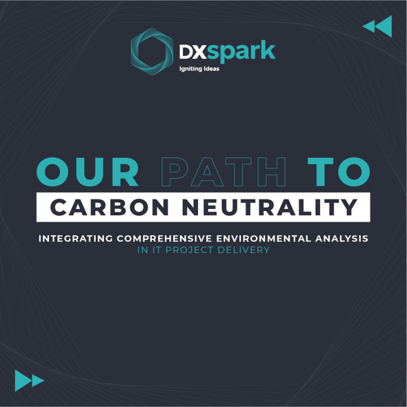 Banner institucional da DXspark com a mensagem “O nosso caminho para a neutralidade carbónica”, destacando a integração de análises ambientais abrangentes na entrega de projetos IT.