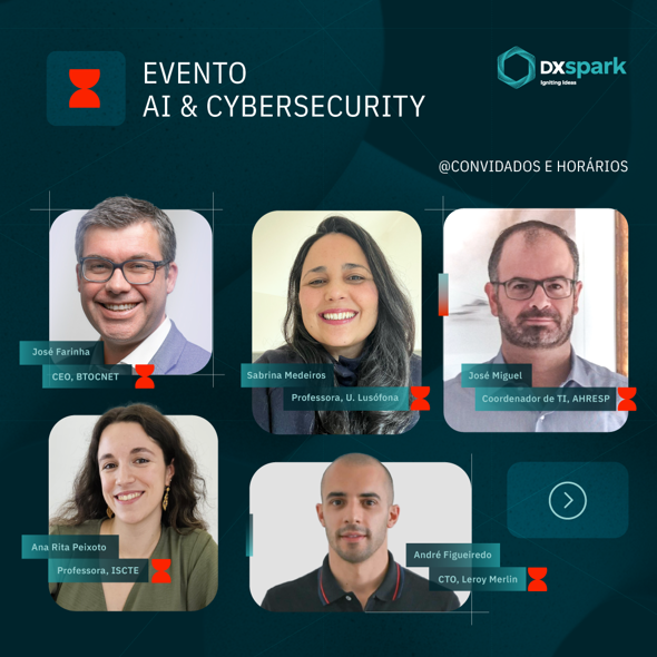 Promotional banner for DXspark’s “AI & Cybersecurity” event, featuring photos and names of six guests: José Farinha (CEO, BTCNET), Sabrina Medeiros (Professor, U. Lusófona), José Miguel (IT Coordinator, AHRESP), Ana Rita Peixoto (Professor, ISCTE), and André Figueiredo (CTO, Leroy Merlin). Includes note about available schedules.