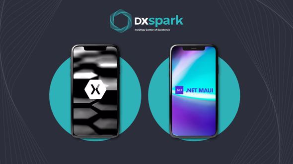 Side-by-side comparison image of two smartphones: on the left, the Xamarin logo on a black and white background; on the right, the .NET MAUI logo on a blue-purple gradient screen. Illustrates the technology shift following Microsoft’s end of support for Xamarin on 1 May 2024.